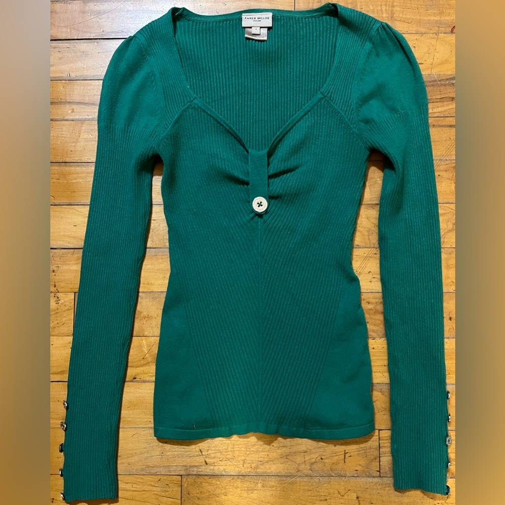 Karen Millen England Ribbed Knit Green Sweater V-Neck Gold Buttons Size 2